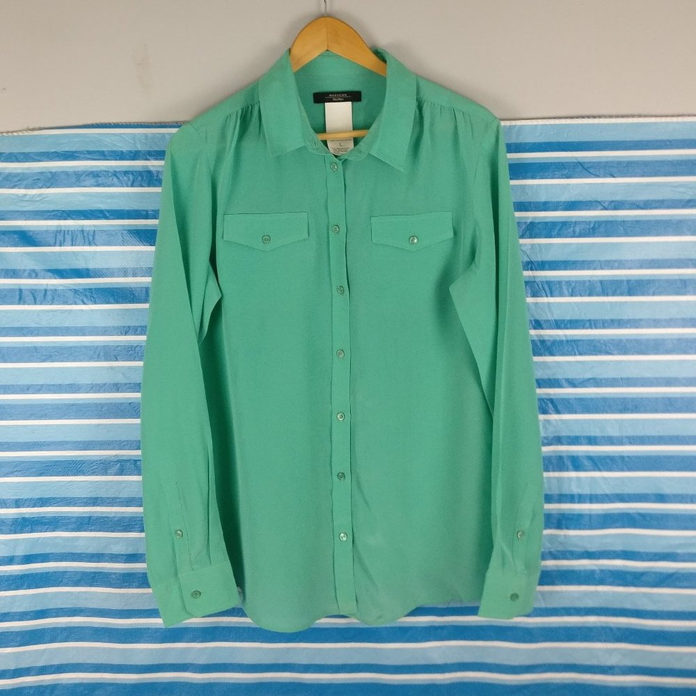 Weekend Max Mara 100% SILK Double Breasted Pocket Long Sleeve Shirt Cool Green L